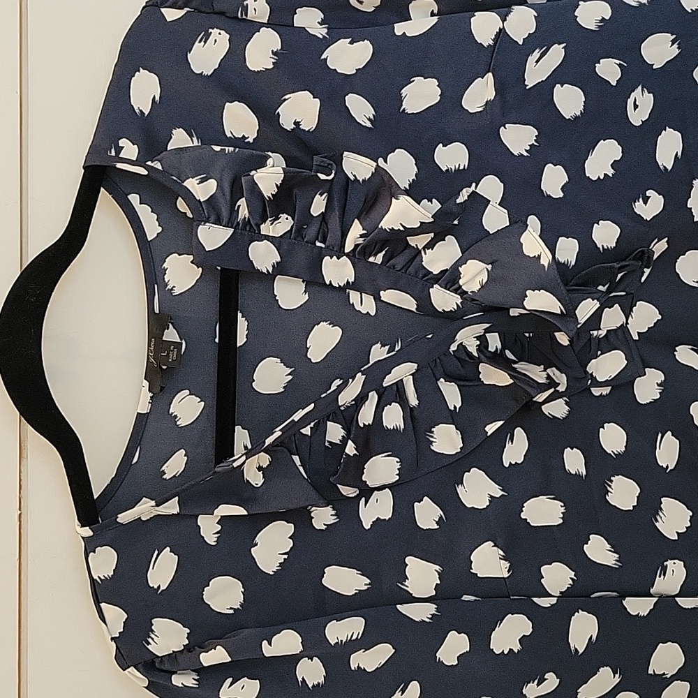 J CREW large pullover blouse blue with white abstract dots and ruffles - Picture 2 of 4